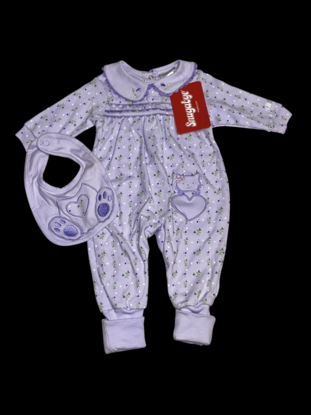 Snugabye Girls Purple Kitty Floral Outfit w/ Bib 3 Months Embroidered Romper New